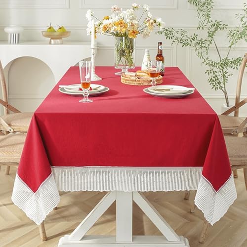 Calafee Tischdecke Rechteckig 150x240 cm, Tischdecke Polyester Abwaschbar 6-8 Personen Einfarbiges Rot mit Spitze Tischwäsche für die Küche von Calefee