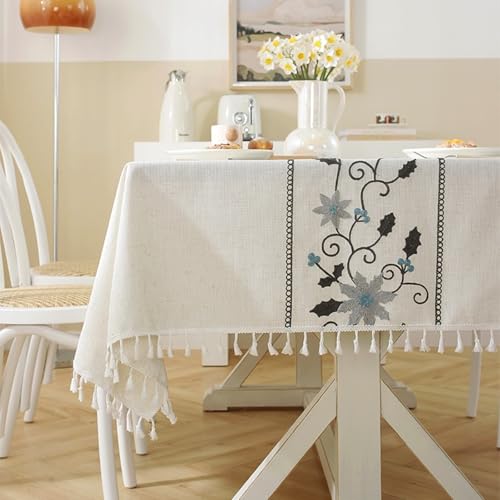 Calafee Tischdecke Rechteckig 90x140 cm, Tischdecke Polyester Abwaschbar 2-4 Personen Blumenstickerei mit Quasten Tischtücher Hochzeit Deko von Calefee