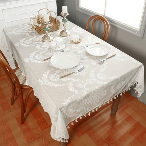 Calefee 100x140cm Tischdecke Rechteckig, Tischdecke Abwaschbar Polyester Blumenbestickte Spitze mit Quasten Tischdeko für Esstisch Fleckschutz von Calefee