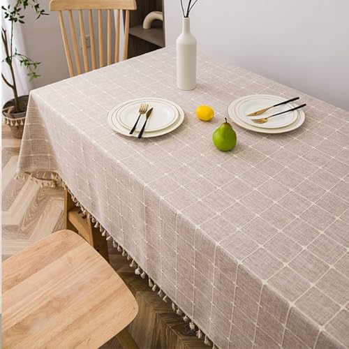 Calefee 140x180cm Tischdecken Rechteckig, Tischdecke für Esstisch Polyester und Baumwolle Lotuseffekt Wasserdicht Fleckschutz Leinenoptik mit Aufgestickten Linien von Calefee