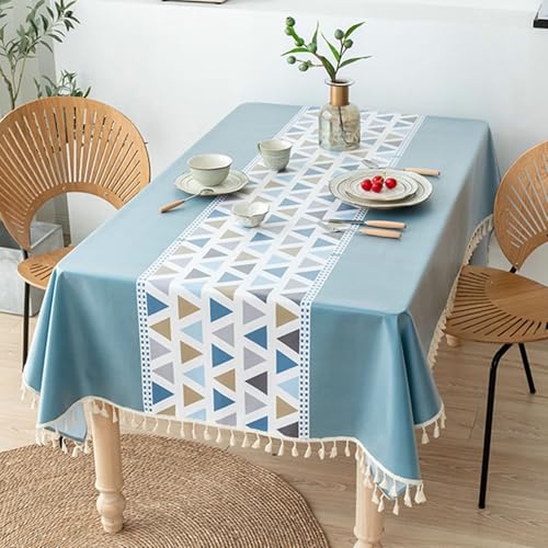 Calefee 140x200cm Tischtücher Rechteckig, Tischdecke für Esstisch Deko Polyester Lotuseffekt Wasserdicht Fleckschutz mit Dreiecksmuster Und Quasten von Calefee