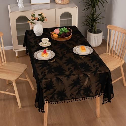 Calefee 140x220cm Tischdecke Rechteckig, Tischdecke für Couchtisch Polyester Jacquardspitze mit Bäumen Und Quasten Tischdeko Fleckschutz Abwaschbar von Calefee