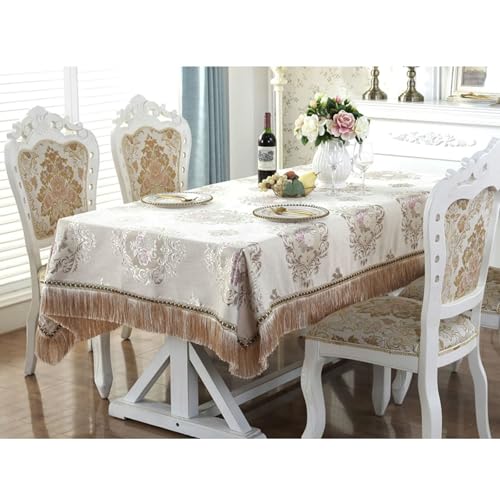 Calefee 150x220cm Tischdecke Rechteckig, Tischdecke Hochzeit Chenille Vintage-Jacquard mit Blumen Und Quasten Abwaschbare Tischdecke Fleckschutz von Calefee