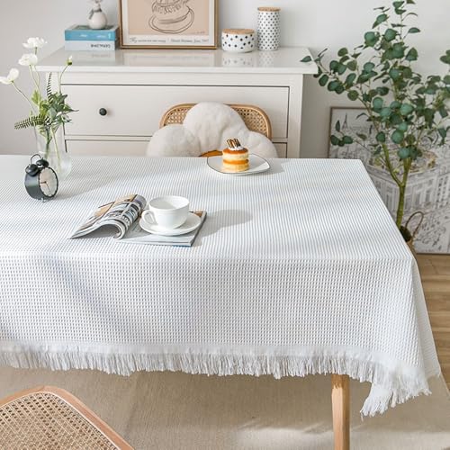 Calefee 90x180cm Tischdecken Rechteckig, Tischdecke für Esstisch Polyester Weiße Strickspitze mit Quasten Tischdecke Abwaschbar Fleckschutz von Calefee