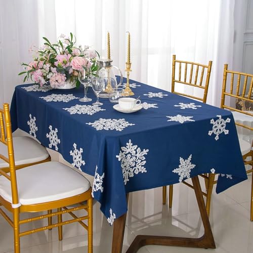 Calefee 90x90cm Tischdecke Weihnachten, Abwaschbare Tischdecke Polyester Leinenoptik mit Aufgestickten Schneeflocken Tischdeko Landhausstil Fleckschutz von Calefee