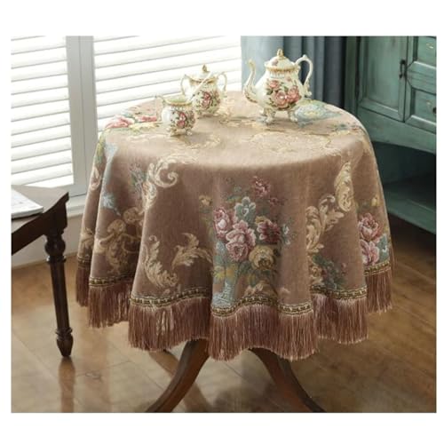 Calefee Runde Tischdecke 260cm, Tischdecke Hochzeit Chenille Vintage-Jacquard mit Blumen Und Quasten Abwaschbare Tischdecke Fleckschutz von Calefee