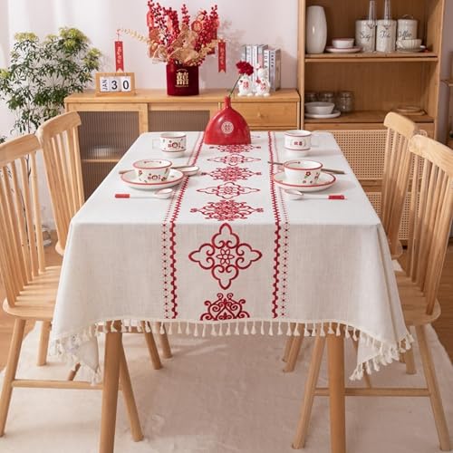 Calefee Tischdecke 140x220 cm Rechteckig, Tischdecke Polyester Fleckenschutz 6-8 Personen Rot Bestickt mit Quasten Tischtücher Hochzeit Deko von Calefee