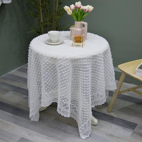 Calefee Tischdecke Eckig 140x140cm, Tischdecke für Couchtisch Polyester Weiße Spitze mit Pompons Abwaschbare Tischdecke Fleckschutz von Calefee