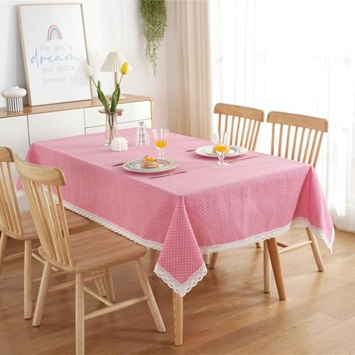 Calefee Tischdecke Rechteckig 140x140 cm, Tischdecke Fleckenschutz Polyester 2-4 Personen Einfarbiges Rosa Weiße Punkte mit Spitze Tischdecke für Esstisch Deko von Calefee