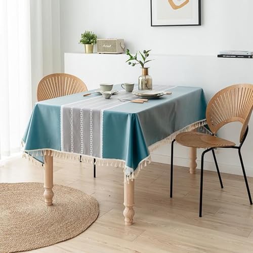 Calefee Tischdecke Rechteckig 140x160cm, Tischdecke Abwaschbar Polyester Lotuseffekt Wasserdicht Fleckschutz mit Streifenmuster Und Quasten von Calefee