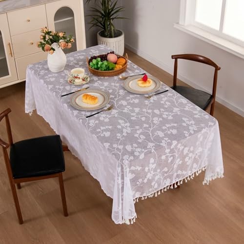 Calefee Tischdecke Rechteckig 140x260cm, Abwaschbare Tischdecke Polyester mit Blätterjacquard Und Quasten Tischdeko Landhausstil Fleckschutz von Calefee