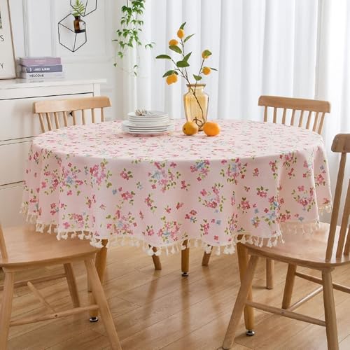 Calefee Tischdecke Rund 120cm Durchmesser, Abwaschbare Tischdecke Polyester Blumen- Und Blättermuster mit Quasten Tischdeko für Landhausstil Fleckschutz von Calefee