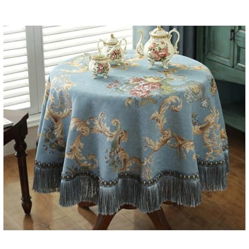 Calefee Tischdecke Rund 200cm Durchmesser, Tischdecke für Esstisch Deko Chenille Vintage-Jacquard mit Blumen Und Quasten Tischdecke Abwaschbar Fleckschutz von Calefee