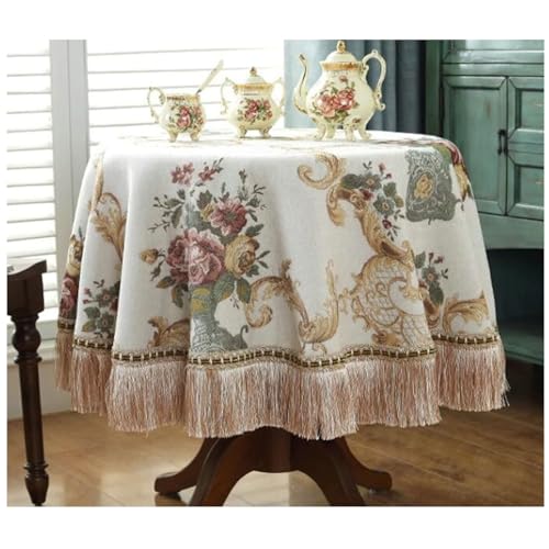 Calefee Tischdecke Rund 230cm Durchmesser, Tischdecke für Esstisch Chenille Vintage-Jacquard mit Blumen Und Quasten Abwaschbare Tischdecke Fleckschutz von Calefee