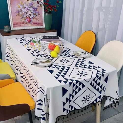 Calefee Tischdecken Rechteckig 140x180cm, Tischdecke Modern Polyester und Baumwolle mit Ethnischem Geometrischem Muster Und Quasten Tischdecke Fleckschutz Abwaschbar von Calefee