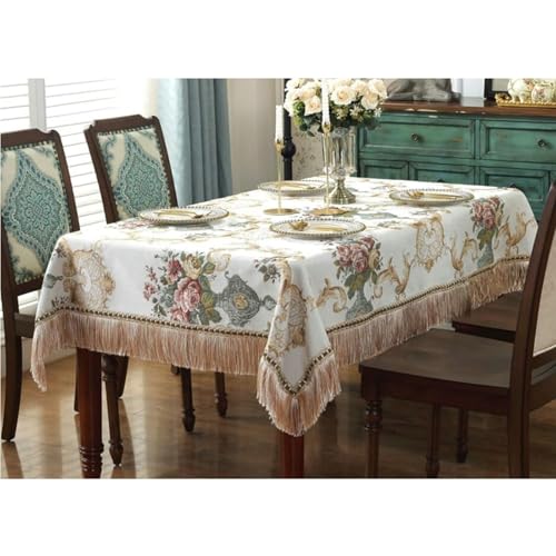 Calefee Tischdecken Rechteckig 140x200cm, Tischdecke Hochzeit Chenille Vintage-Jacquard mit Blumen Und Quasten Abwaschbare Tischdecke Fleckschutz Calefee Tischdecken Rechteckig 140x200cm, Tischdecke Hochzeit Chenille Vintage-Jacquard mit Blumen Und Quasten Abwaschbare Tischdecke Fleckschutz von Calefee