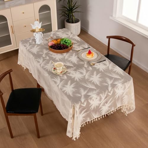 Calefee Tischdecken Rechteckig 140x200cm, Tischdecke Modern Polyester Jacquardspitze mit Bäumen Und Quasten Abwaschbare Tischdecke Fleckschutz von Calefee