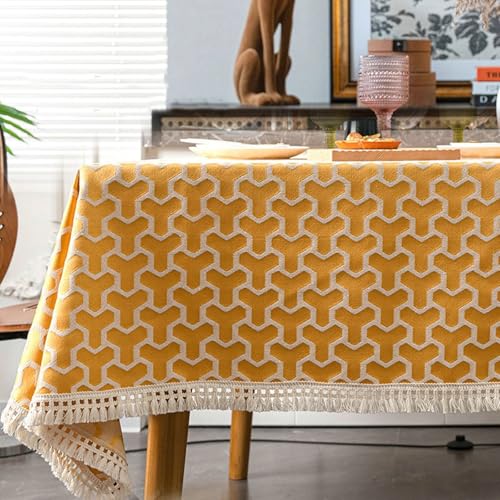 Calefee Tischtücher Eckig 140x140cm, Abwaschbare Tischdecke Polyester mit Geometrischem Muster Und Quasten Tischdeko für die Küche Fleckschutz von Calefee