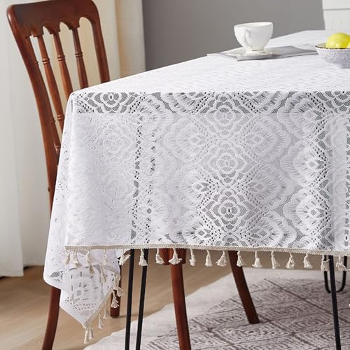 Calefee Tischtücher Eckig 140x140cm, Tischdecke Abwaschbar Polyester Blumenbestickte Spitze mit Quasten Tischdeko für Landhausstil Fleckschutz von Calefee