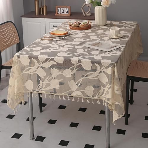 Calefee Tischtücher Rechteckig 100x140cm, Tischdecke Hochzeit Polyester Blumenbestickte Spitze mit Quasten Abwaschbare Tischdecke Fleckschutz von Calefee