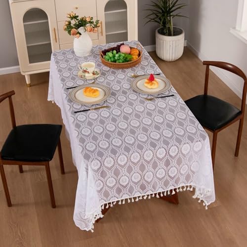 Calefee Tischtücher Rechteckig 140x220cm, Tischdecke für Couchtisch Polyester Blumen-Jacquardspitze mit Quasten Tischdecke Abwaschbar Fleckschutz von Calefee