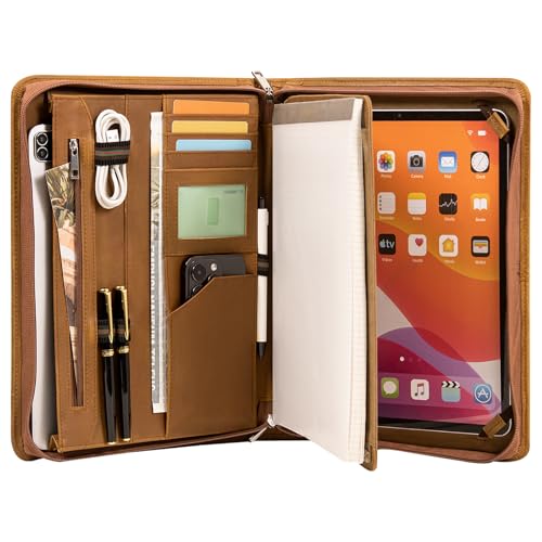 Calfinder Braun A4 Portfolio Binder - Premium Leder Ordner mit Klemmbrett, Große Tasche für Dokumente, Business Portfolio für Männer, Perfekter Lederbinder mit Kartenfächern für Meetings von Calfinder