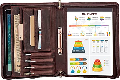 Calfinder Ledermappe A4, Schreibmappe a4 Leder, 2 Ring Binder Konferenzmappe mit a4 Klemmbrett/YKK Reißverschluss, Ringbuchmappe Organizer, 2-Ringbuch Mappe, Geschenke für Damen/Herren, Dunkelbraun von Calfinder