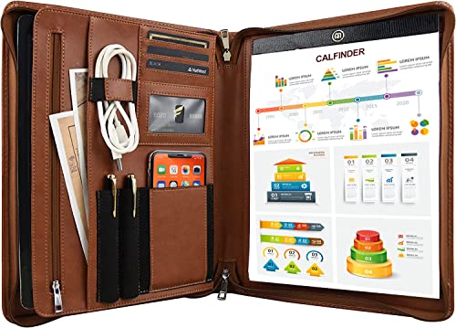 FREI NAME Gravur | Aktenmappe A4 mit Reissverschluss, Konferenzmappe Veganes Leder, Business Portfolio Mappe a4, Schreibmappe Organizer Ordner, Dokumentenmappe Ledermappe, Customized | Braun von Calfinder