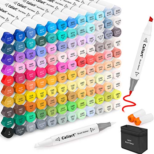 Caliart 121 Farbige Alkoholbasierte Dual-Tip (Pinsel & Meißel) Permanente Künstler Art Markers für Erwachsene und Kinder, Plus 1 Farbloser Alkohol-Marker Blender von Caliart