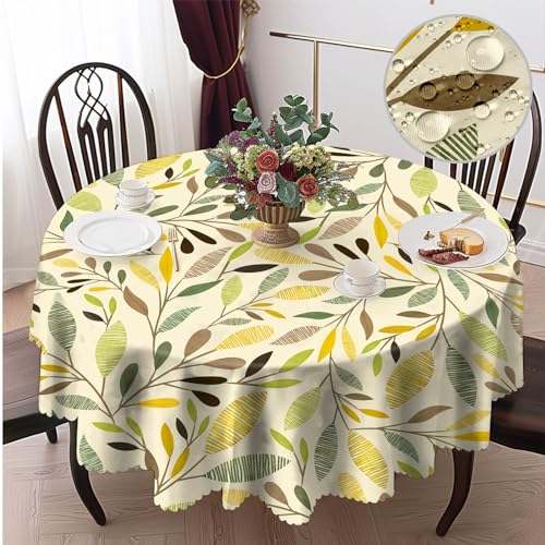 Tischdecke Rund 150 cm Gelbe Gestreifte Blätter Wiederverwendbare Tischtuch aus Polyester Wasserdichtes Rundes Tischtuch für Küchen, Dinnerpartys, Terrassen von Calinline