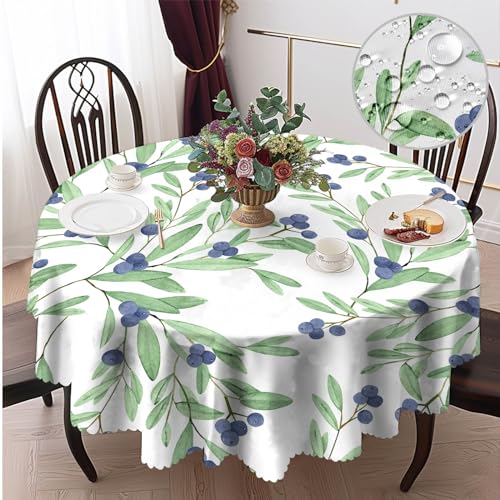 Tischdecke Rund 150 cm Grünes Blatt Blaubeere Stil Wiederverwendbare Tischtuch aus Polyester Wasserdichtes Rundes Tischtuch für Küchen, Dinnerpartys, Terrassen von Calinline