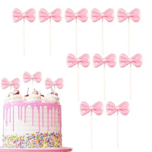 Calkkrer 10 Stück Rosa Schleife Cupcake Topper, Regenbogen Kuchenaufsatz, Muffin Deko, Kuchendeko Torten Deko Regenbogen, Bowknot Cake Topper, Regenbogen Kuchen Topper von Calkkrer