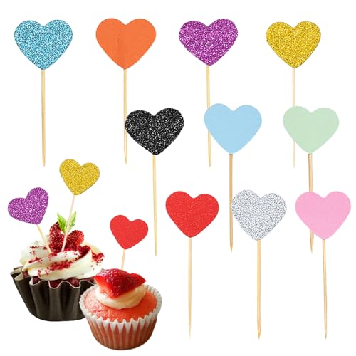 Calkkrer 100 Stück Herz-Cupcake-Deko in mehrfarbigen Glitzer-Toppern, Hochzeitsherzen-Muffin-Topper für Geburtstagspartys und Ice-Cream-Party-Dekoration. von Calkkrer