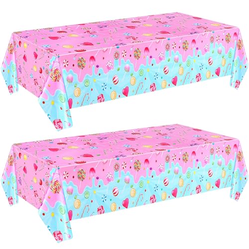 Calkkrer 2 PCS Bunte Plastik Tischdecken, Rosa Party Tischdecke mit Bonbon Design, Tischtuch für Geburtstag, Mädchen Tischdeko, Kinder Wachstischdecke für Baby Shower von Calkkrer