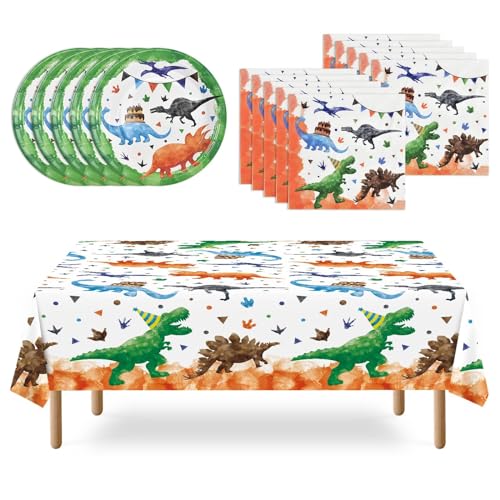 Calkkrer 25 Teile Aquarell Dinosaurier Partyzubehör, Dinosaurier Partyteller, Servietten und Tischdecke. Jungen, Dessertteller, Tischbesteck für 8 Gäste. von Calkkrer