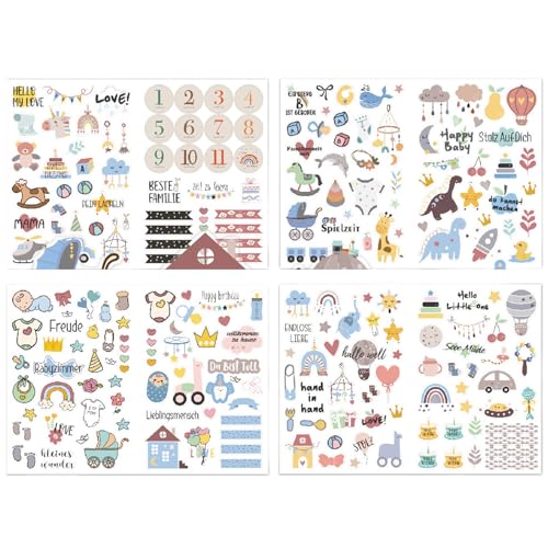 Calkkrer 4 Stück 212 Stickers Babyalbum,DIN-A4 DIY Scrapbooking Aufkleber zum Gestalten,Aufkleber für Kinder und Baby Fotoalben,Baby-Scrapbook-Aufkleber von Calkkrer