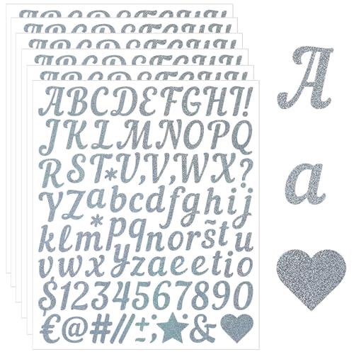 Calkkrer 6 PCS Selbstklebende Glitzer Buchstaben Zahlen Sticker Set, Vinyl Aufkleber für Briefkasten, Klebebuchstaben Wetterfest für Wasserflasche, Notizbuch, Scrapbooking von Calkkrer