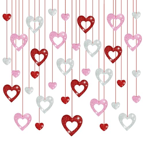 Calkkrer 60 PCS Valentinstag Dekorationen, Glitzer Herz Spiralen Hängend, Rote, Pinke & Silberne Herz Ornamente, Romantische Valentinstag Party Deko Valentinsfeier von Calkkrer