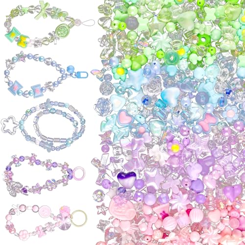 Calkkrer Etwa 160 Stück Bunte Acrylperlen, Süße Beads für Armbänder, Anhänger Set mit Blumen, Schmetterlingen, Herzen, Aesthetic DIY Charms für Armbänder und Halsketten von Calkkrer