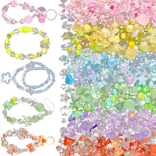 Calkkrer Etwa 180 Stück Süße Acrylperlen, Bunte Beads für Armbänder, Charm Set mit Blumen, Herzen und Schmetterlingen, DIY Anhänger für Armbänder und Schlüsselanhänger von Calkkrer