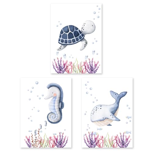 Calmondo 3er Set Poster Kinderzimmer | Tiere Meerestiere Wal Schildkröte Seepferdchen | Dekoration für Babyzimmer | Kinderbilder Geschenk für Mädchen Jungen | kräftiges Premium-Papier | DIN A4 von Calmondo