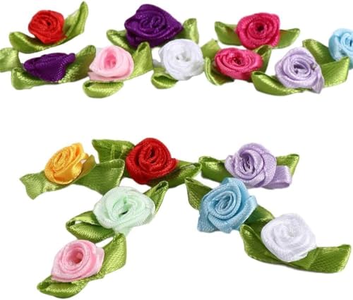 Mini-Band, Rosen-Ornament, Satin-Stoffrosen mit Blättern, gemischte Farben, Nähapplikationen und Verzierungen für Jacke, Rock, Dekoration, Stoffbänder, 100 Stück von Calsgkspray