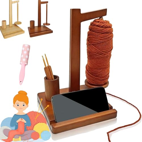 Camic Wooden Yarn Spool Rack, Wooden Yarn Holder Phone Stand, Magnetic Yarn Ball Spinner Holder, Spindles Spool Organizer Rack for Crocheting and Knitting for Easy Spinning (Walnut) von Camic