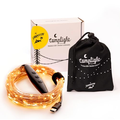 Camplight® - USB-C Lichterkette by The Sunnyside |robust |wetterfest |drinnen & draußen |Campingbeleuchtung, Gartenbeleuchtung |geringer Stromverbrauch |10m lang |100 LEDs |warmweiß |dimmbar von Camplight