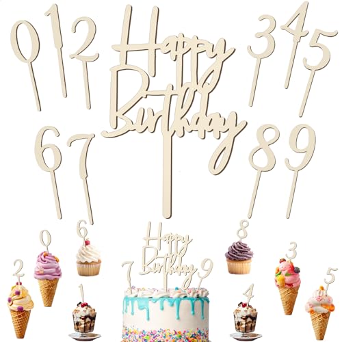 11pcs Cake Topper Zahlen Holz 0-9, Happy Birthday Tortendeko mit Kuchendekor Cupcake Topper Kuchen Deko Cake Topper Geburtstag für Mädchen Junge Frauen Mann Geburtstagsfeiern Hochzeit von Camptrip