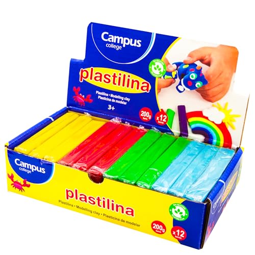 Campus – Farbige Modelliermasse, glutenfreie Knete, Set für Schulknete für Bastelarbeiten, Etui mit 12 Plasticin-Tabletten (200 g, 4 verschiedene Farben) von Campus University