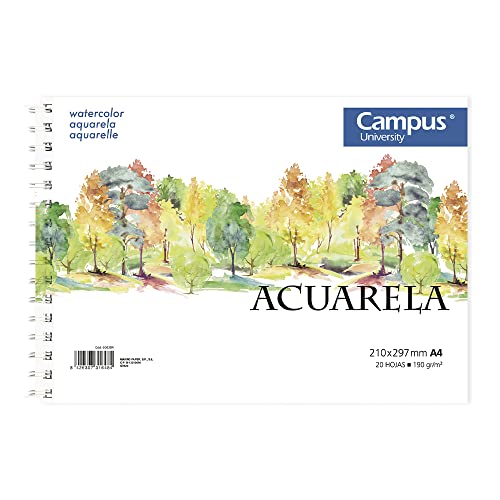 Campus University - Skizzenblock A4 Aquarellpapier mit Spiralbindung 20 Blatt 190 Gramm in Weiß für Aquarell, Wasserfarben, Temperafarben von Campus University