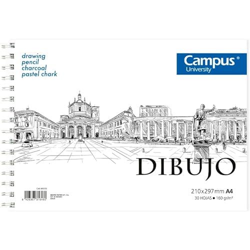 Campus University - Zeichenblock A4 Skizzenbuch mit Spiralbindung, 30 Blatt, 160 Gramm, Weiß für Kohle, Bleistift, Wachs oder Kuchen von Campus University