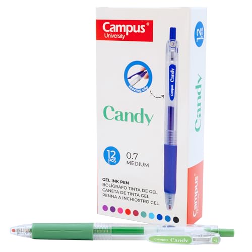 Campus 12 Candy-Gelschreiber, nachfüllbare farbige Stifte mit 0,7 mm Strichstärke, schnell trocknende und wasserdichte Gel-Tintenroller (Kugelschreiber, Grün, 12 Stück) von Campus