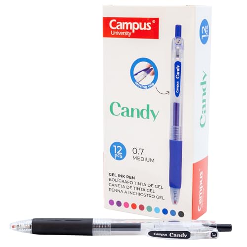 Campus 12 Candy-Gelschreiber, nachfüllbare farbige Stifte mit 0,7 mm Strichstärke, schnell trocknende und wasserdichte Gel-Tintenroller (Kugelschreiber, Schwarz, 12 Stück) von Campus